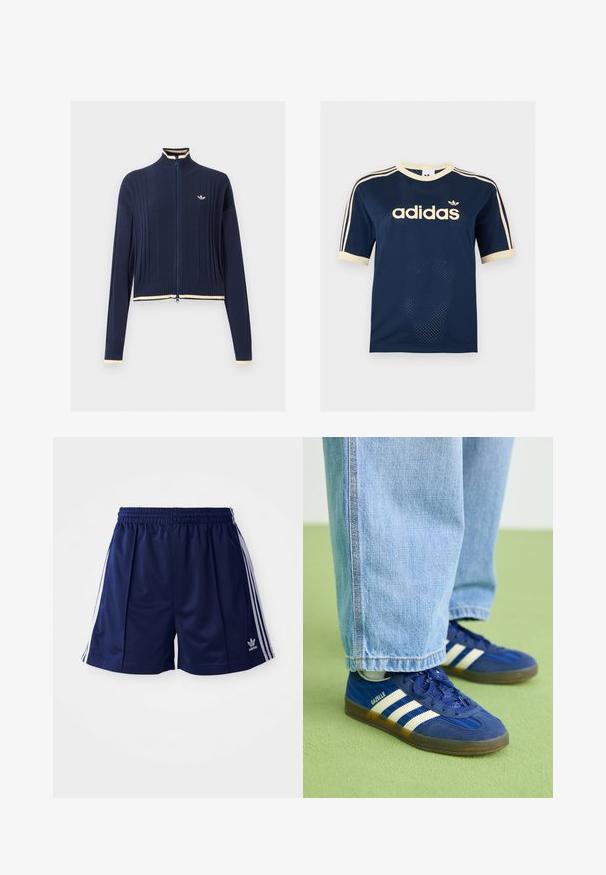 Tmavomodrý pletený sveter na zips, rebrovaná štruktúra, vysoký golier, dlhé rukávy a krémový lem na golieri, manžetách a spodnom okraji.; Tmavomodré Adidas sieťované tričko s krátkym rukávom s krémovým lemom, troma krémovými pruhmi na rukávoch a logom Adidas na hrudi.; Námorné športové šortky vyrobené z ľahkého materiálu, s bielymi bočnými pruhmi a vyšívaným logom na dolnej ľavej strane. Elastický pás.; Modré semišové tenisky s bielymi pruhmi a textúrovanými vzormi, obuté s svetlomodrými džínsami, na pozadí zelenej farby.