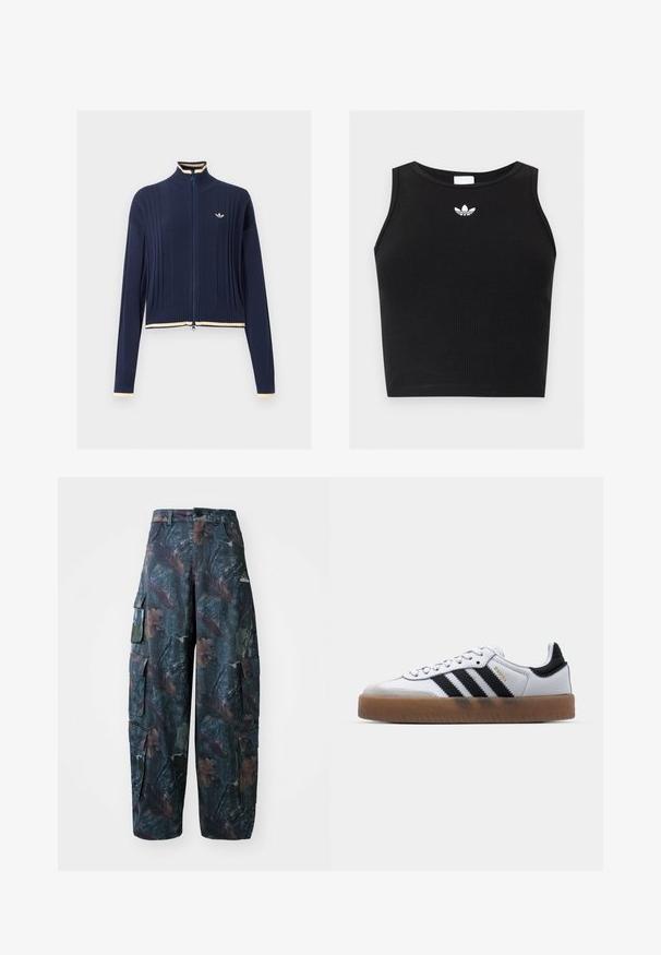 Pull en maille bleu marine à fermeture éclair intégrale, texture côtelée, col montant, manches longues et bordure crème au col, aux poignets et à l'ourlet.; Crop top noir côtelé sans manches avec encolure ronde et petit logo blanc Adidas trefoil centré près du col.; Pantalons cargo camouflage en vert foncé et marron, dotés de plusieurs poches et d'une coupe décontractée, fabriqués à partir d'un tissu léger et résistant.; Baskets en cuir blanc avec des rayures noires, semelle extérieure en caoutchouc beige, bout rond, fermeture lacée et embout en suède gris doux.