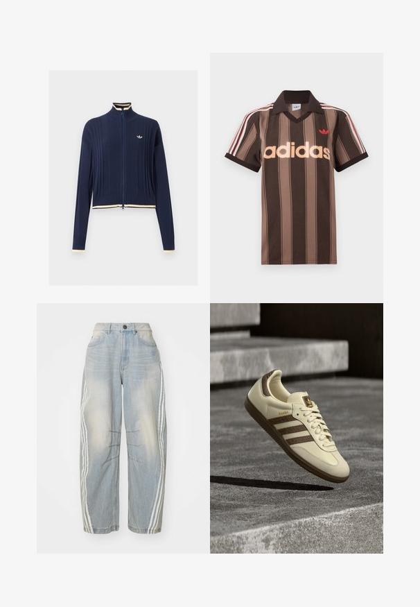 Tumesinine täislukuga soonikkoega kampsun, kõrge krae, pikad varrukad ja kreemika äärisega krae, mansetid ja alumine serv.; Pruunide triipudega Adidas polotee, V-kaelusega, bordeau krae ja punase logoga. Omad valge ja punase triibuga õlad ning lühikesed varrukad.; Heledad sinine teksarihm, millel on lõtv lõige, valged triibud külgedel, kulunud detailid ja nupuga sulgemine vööl.; Kreemika värvi tossud pruuni värvuse ja tekstuursete külgtriipudega ning siledast nahast viimistlusega. Varustatud paeltega kinnituse ja kummist taldaga.