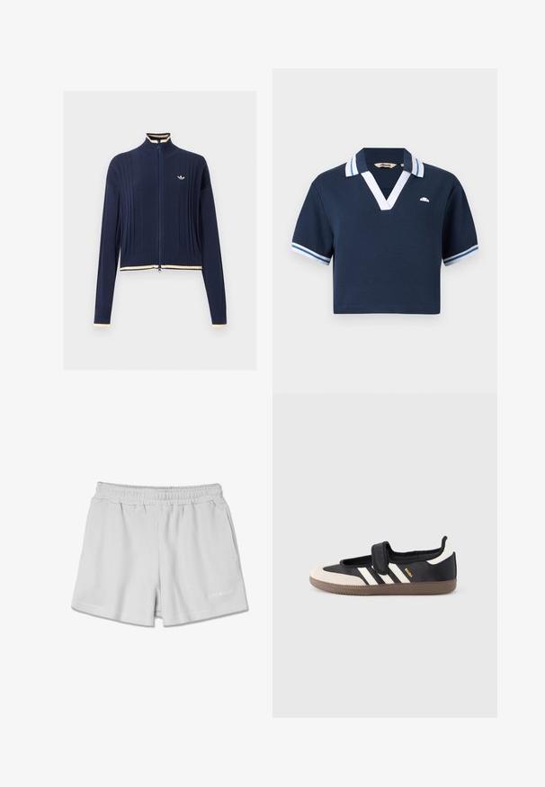 Pulover tricotat bleumarin cu fermoar pe toată lungimea, textură ribată, guler înalt, mâneci lungi și tiv crem pe guler, manșete și tiv.; Tricou polo bleumarin cu mâneci scurte, guler și manșete cu dungi albe și albastre deschise, decolteu adânc în V și logo mic pe pieptul stâng.; Pantaloni scurți gri deschis, cu o talie elastică, având două buzunare laterale și un mic logo alb în colțul din dreapta jos.; Adidaș negru și bej cu o curea velcro, trei dungi albe pe lateral și o talpă texturată de cauciuc maro. Logo-ul brandului este vizibil.