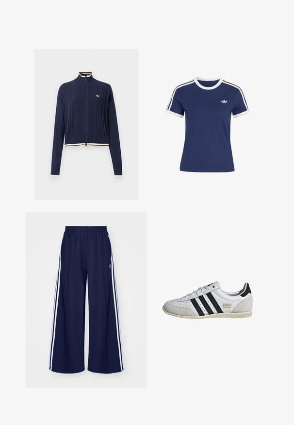 Marineblauer Strickpullover mit durchgehendem Reißverschluss, gerippter Struktur, hohem Kragen, langen Ärmeln und cremefarbener Einfassung an Kragen, Bündchen und Saum.; Marineblaue Adidas T-Shirt mit weißem Rundhalsausschnitt, weißen Ärmelbündchen, drei weißen Streifen auf den Schultern und Adidas Trefoil-Logo auf der Brust.; adidas Originals PANT - Jogginghose - night indigo; Weiße Sneaker mit schwarzen Streifen und goldener Markenkennzeichnung. Verfügt über Materialien aus Wildleder und Leder, ein durchlässiges Obermaterial und eine strukturierte Gummisohle.