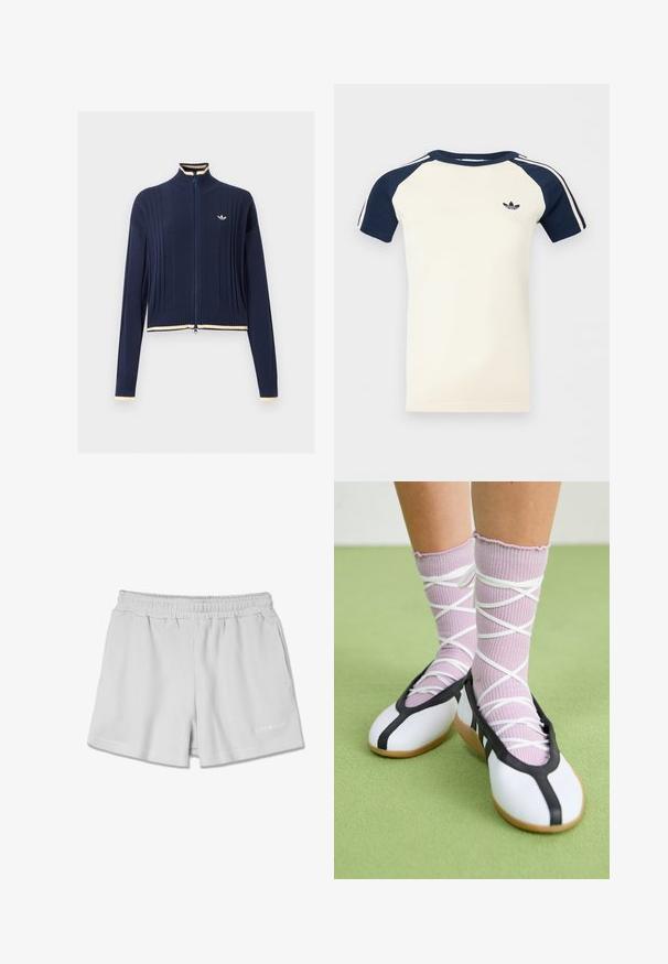 Jersey de punto azul marino con cremallera completa, textura de canalé, cuello alto, mangas largas y ribete color crema en el cuello, los puños y el bajo.; Camisa de manga corta color crema con mangas raglán en azul marino, rayas blancas en las mangas y un pequeño logo negro de Adidas en el pecho.; Pantalones cortos de canalé gris claro con una cinturilla elástica, que presentan dos bolsillos laterales y un pequeño logo blanco en la parte inferior derecha.; Piernas con calcetines lavanda acanalados con tiras blancas cruzadas combinados con bailarinas blancas con ribete negro sobre un suelo verde.