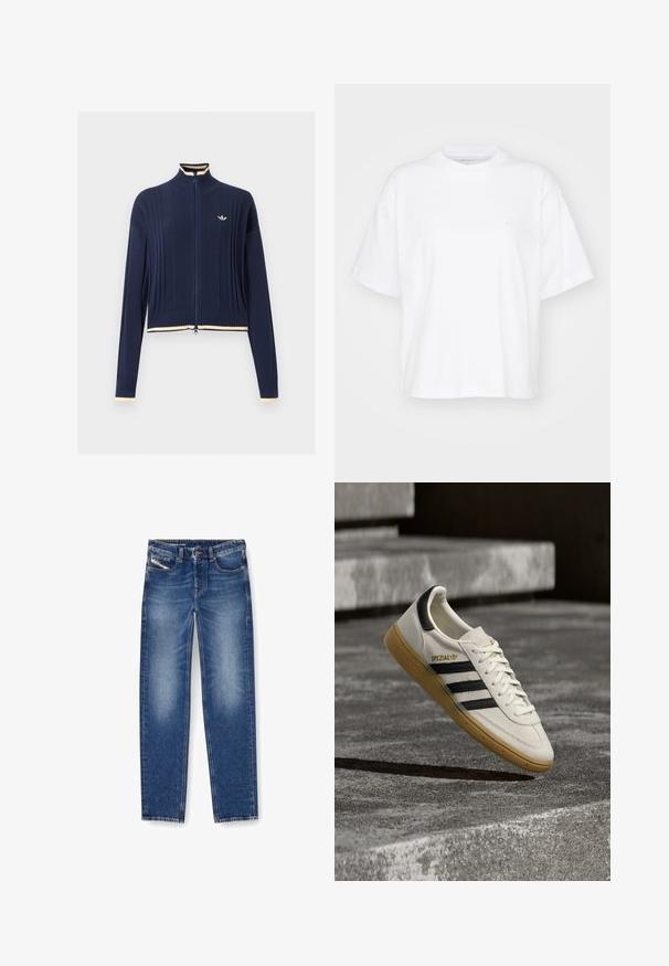 Mørkeblå strikket trøje med fuld lynlås, ribbet struktur, høj krave, lange ærmer og cremefarvet kant på krave, manchetter og kant.; Hvid bomulds t-shirt med rund hals, korte ærmer og en afslappet pasform. Har et diskret logo på venstre brystområde. Glat tekstur.; Denim jeans i medium blåt med en falmet finish. Har fem lommer, bæltestropper og lige ben. Syningerne er synlige.; Hvid Adidas Spezial sneaker med sorte striber og gummisål, svævende over grå stentrin udendørs.