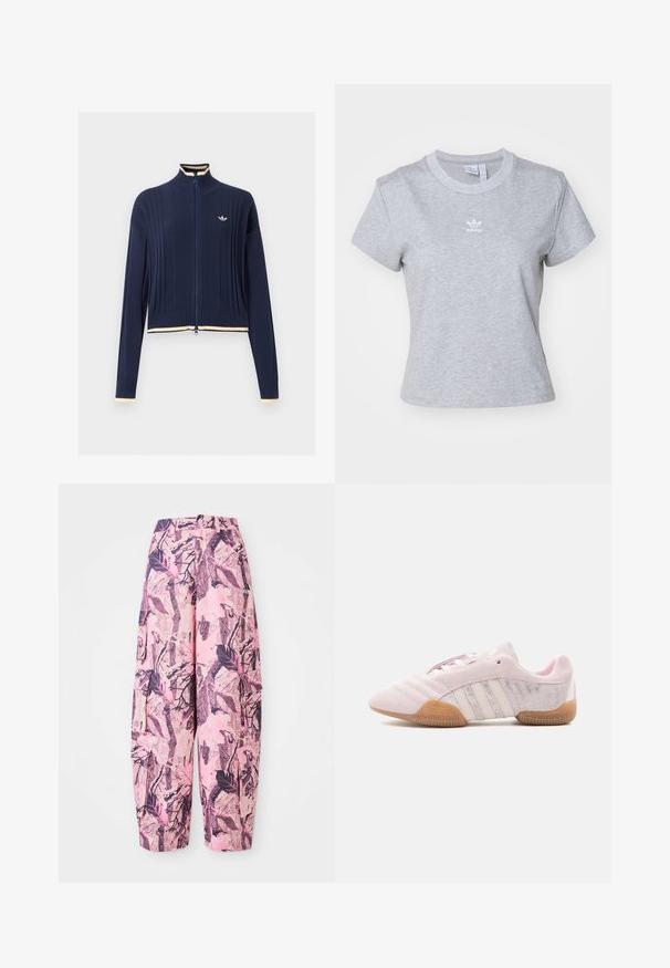 Tmavomodrý pletený sveter na zips, rebrovaná štruktúra, vysoký golier, dlhé rukávy a krémový lem na golieri, manžetách a spodnom okraji.; adidas Originals ESS SLIM TEE - Základné tričko - medium grey heather; Ružové a fialové široké nohavice s vzorom obsahujúce dizajn listov a vetvičiek, s vysokým pásom a bočnými vreckami pre väčšiu funkčnosť.; Svetloružová semišová teniska s bielymi pruhmi, gumovou podrážkou a textúrovanými bočnými panelmi, zobrazená z vnútornej strany na bielom pozadí.
