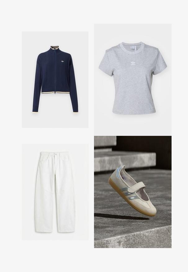 Pull en maille bleu marine à fermeture éclair intégrale, texture côtelée, col montant, manches longues et bordure crème au col, aux poignets et à l'ourlet.; adidas Originals ESS SLIM TEE - T-shirt basique - medium grey heather; Jean blanc à jambes droites avec poches avant, passants pour ceinture, fermeture par bouton et détails de coutures visibles.; Chaussure en tissu beige avec sangle élastique, dessus texturé, accents argentés et bleus, et semelle en caoutchouc gomme, présentée sur un fond gris.