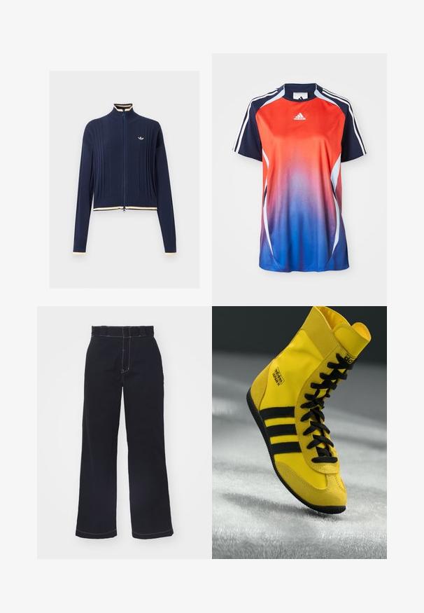 Tmavomodrý pletený sveter na zips, rebrovaná štruktúra, vysoký golier, dlhé rukávy a krémový lem na golieri, manžetách a spodnom okraji.; Adidas športová košeľa s krátkym rukávom s gradientom od červenej po modrú, s námorníckymi akcentmi a bielymi pruhmi pozdĺž ramien.; Tmavo modré nohavice s širokými nohavicami z bavlny s vysokým pásom, s kontrastným bielym prešívaním a čista, jednoduchá dizajnom.; Vysoké tenisky vyrobené zo žltého syntetického materiálu, so zosilnenými čiernymi šnúrkami, tromi čiernymi pruhmi a logom na boku. Kvalitná gumová podrážka.