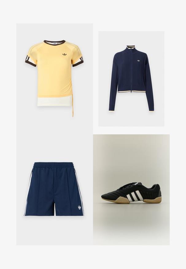 Camisola de malha azul marinho com fecho integral, textura canelada, gola subida, mangas compridas e bordado creme na gola, punhos e bainha.; T-shirt desportivo amarelo com mangas raglan, detalhes em castanho e três riscas brancas nas mangas. Apresenta um logótipo e um cordão na bainha.; Calções desportivos azul-marinho com cinta elástica, riscas brancas nas laterais, bolsos com fecho e um pequeno logótipo branco da Adidas na perna esquerda.; Sapato desportivo preto com riscas brancas e sola texturada bege sobre um fundo neutro, mostrado em perfil lateral.