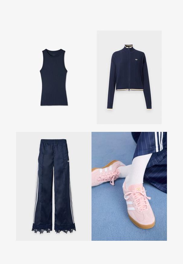 Marineblauwe gebreide trui met volledige rits, ribbelstructuur, hoge kraag, lange mouwen en crème kleurige bies op de kraag, manchetten en zoom.; Marineblauw mouwloos geribbeld tanktop met ronde hals, nauwsluitende pasvorm en zonder zichtbare patronen of logo's.; Marineblauwe trainingsbroek met wijde pijpen, witte zijstrepen, elastische tailleband, adidas-logo op de heup en kantafwerking aan de zoom.; Lichtroze suède sneakers met witte strepen en veters, voorzien van een gestructureerde tong en een gumzool, geplaatst op een blauwe tapijt.