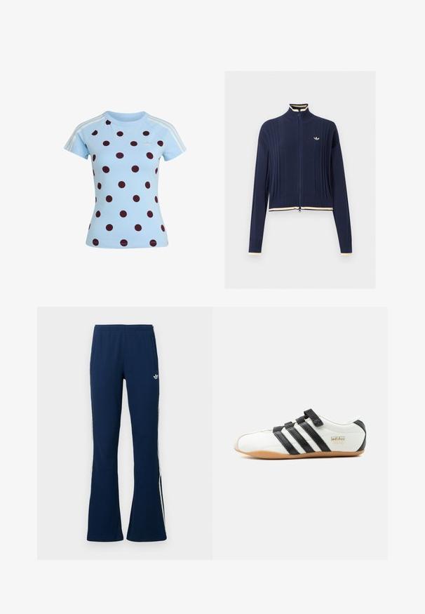 Camisola de malha azul marinho com fecho integral, textura canelada, gola subida, mangas compridas e bordado creme na gola, punhos e bainha.; Camisa azul clara de manga curta com bolinhas vermelhas escuras, riscas brancas da Adidas nas mangas e logótipo trevo da Adidas no peito.; Calças de fato de treino azul-marinho com canelado, boca alargada, riscas brancas laterais e logótipo bordado no lado esquerdo, com dois bolsos laterais.; Ténis Adidas Tokyo branco com riscas pretas, tiras de velcro pretas e sola cor de borracha, apresentado de lado sobre um fundo branco.