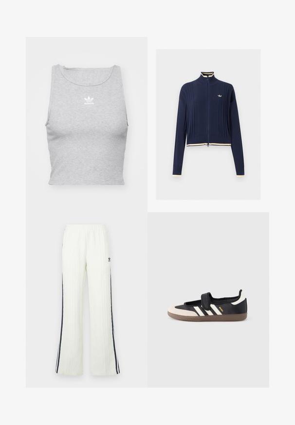 Tumesinine täislukuga soonikkoega kampsun, kõrge krae, pikad varrukad ja kreemika äärisega krae, mansetid ja alumine serv.; Hallikas, ilma varrukat crop top pehmest kangast, ümarate kaelustega ja väikese valge Adidas logo'ga rinna peal.; Valge-kreemjas, soonikkoes püksid, millel on alt laienev lõige. Küljel on tumesinised triibud ja puusal Adidas logo. Elastne vöökoht.; Must ja beež vabaajajalats klõpsrihmaga, küljele on kolm valget triipu ning pruun tekstuuriga kummist tald. Brändi logo on nähtav.