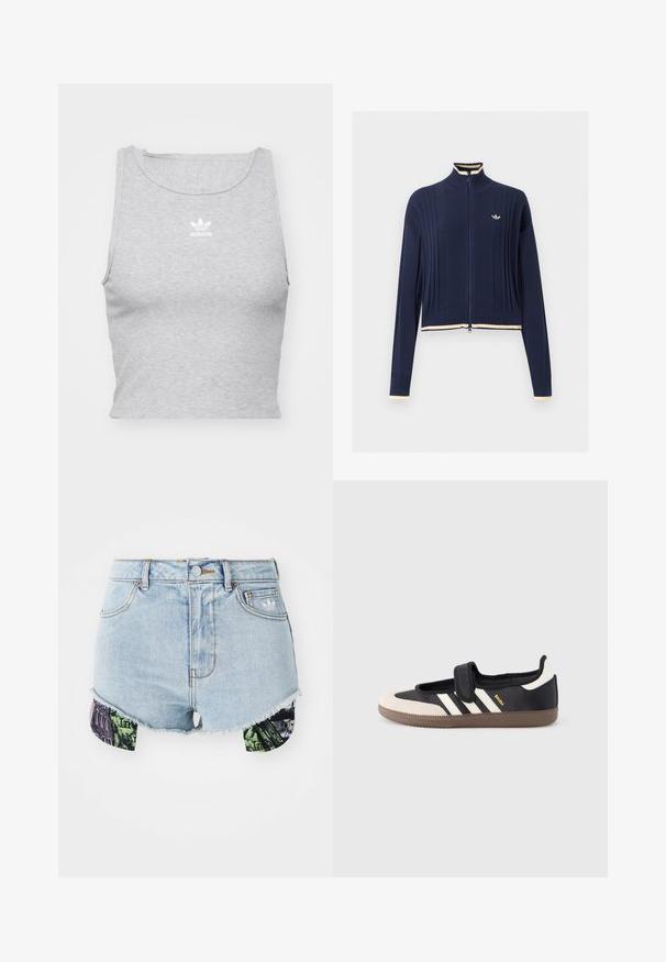 Marineblauwe gebreide trui met volledige rits, ribbelstructuur, hoge kraag, lange mouwen en crème kleurige bies op de kraag, manchetten en zoom.; Grijze, mouwloze crop top gemaakt van een zachte stof, met een ronde halslijn en een klein wit Adidas-logo op de borst.; Lichte blauwe denimshorts met een rafelzoom en kleurrijke patroonstoffen aan de zijkanten, voorzien van stedelijke beelden en texturen.; Zwart-beige sneaker met een klittenbandsluiting, drie witte strepen aan de zijkant en een getextureerde bruine rubberen zool. Merkembleem zichtbaar.
