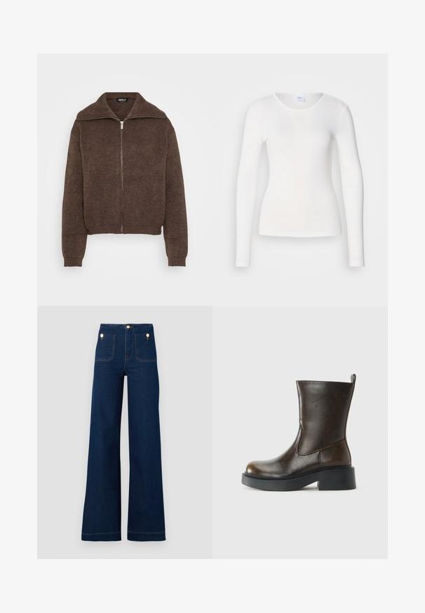 Brun strikket sweater med høj krave og lynlås foran. Har ribbede mansjetter og kant, der giver et struktureret udseende.; Hvid langærmet skjorte lavet af et blødt, glat stof; har en rund halsudskæring og en tætsiddende facon uden mønstre eller pynt.; Mørkeblå vidde jeans med høj talje, guldknap-detaljer, to for- og baglommer samt kontrastsyede detaljer. Tekstureret denim stof.; Mørkebrune læderstøvler til midten af læggen med rund tå, tyk sort sål, lav blokhælel og en trækflap bagpå.
