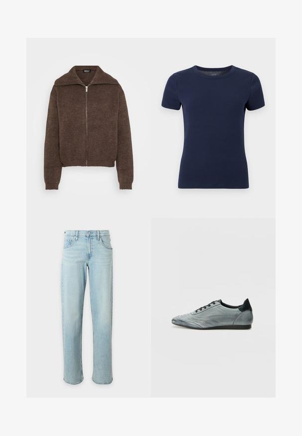 Pull en maille marron avec col montant et fermeture éclair à l'avant. Présente des poignets et un ourlet côtelés, offrant une apparence texturée.; T-shirt à manches courtes en maille côtelée bleu marine avec encolure ronde et silhouette ajustée sur fond blanc.; Jean bleu clair à jambes droites avec poches avant et ceinture boutonnée sur fond blanc uni.; Baskets en cuir gris clair au design épuré, avec des détails cousus, des lacets noirs et un accent de talon foncé. Semelle en caoutchouc.