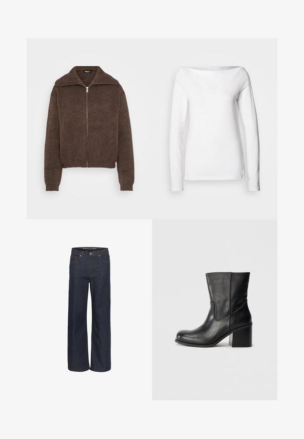 Brun strikket sweater med høj krave og lynlås foran. Har ribbede mansjetter og kant, der giver et struktureret udseende.; Langærmet, hvid, bomuldsskjorte med bred bådudskæring og en figursyet silhuet. Glat tekstur uden synlige mønstre eller accenter.; Mørk denim brede bukser med høj talje, som har fem lommer, kontrastsyning og en rå kant nederst.; Sort læderankelstøvle med rundet tå, sidesømme og en chunky blokhælk. Glat tekstur og minimalistisk design.