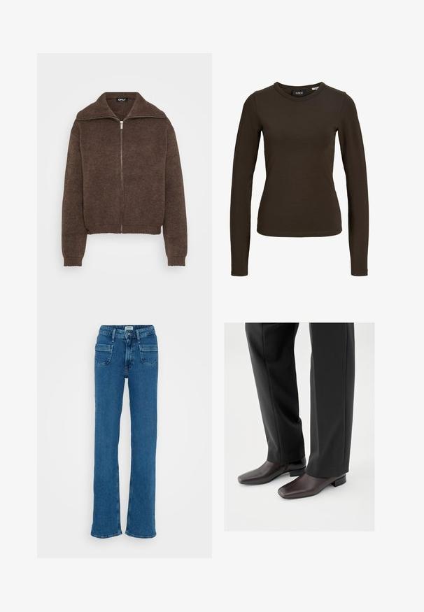 Suéter marrón de punto con un cuello alto y cierre frontal de cremallera. Cuenta con puños y dobladillo acanalados, que ofrecen una apariencia texturizada.; Camiseta de manga larga ajustada de color marrón oscuro con cuello redondo, diseño sencillo y textura de tela suave, mostrada sobre un fondo blanco liso.; Jeans de mezclilla de corte acampanado en un azul claro, con una cintura alta, dos bolsillos frontales y un leve desgaste, con costuras a lo largo de las costuras para dar detalles.; Zapatos de cuero marrón oscuro con punta cuadrada y tacón bloque corto, usados con pantalones negros a medida, mostrando una apariencia elegante y pulida.