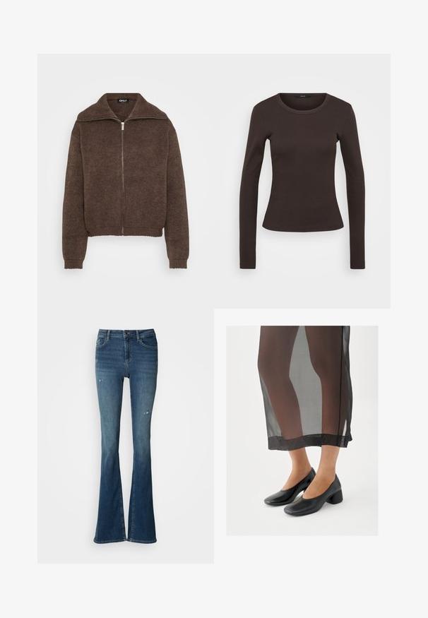 Brun strikket sweater med høj krave og lynlås foran. Har ribbede mansjetter og kant, der giver et struktureret udseende.; Langærmet brun t-shirt lavet af ribbet stof, med en rund halsudskæring og en tætsiddende silhuet.; Flared jeans i falmet blå denim med forskellomme, høj talje og slidte detaljer med synlige syninger.; Sorte sko med blokhæle og glat læderfinish, båret med et gennemsigtigt sort skørt med en ren kant og minimalistisk design.