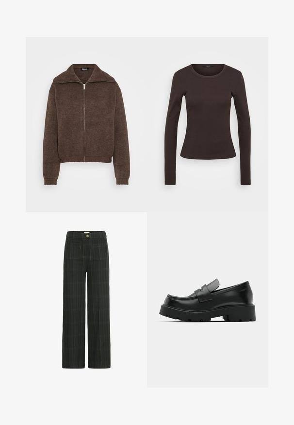 Brun strikket sweater med høj krave og lynlås foran. Har ribbede mansjetter og kant, der giver et struktureret udseende.; Langærmet brun t-shirt lavet af ribbet stof, med en rund halsudskæring og en tætsiddende silhuet.; Bredde benbukser i mørkegrøn stof med et ternet mønster, der har to forlommer og gule syninger som detaljer.; Sorte læder loafers med en chunky tekstureret sål, der har en rem over vamps og en glat, poleret finish.