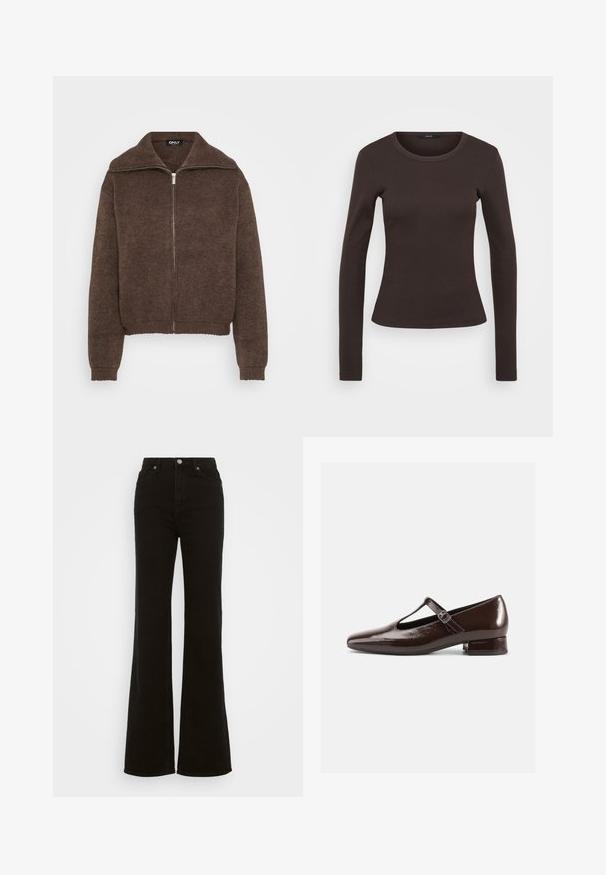 Brauner Strickpullover mit hohem Kragen und Reißverschluss vorne. Verfügt über gerippte Bündchen und Saum, was ein strukturiertes Aussehen verleiht.; Langärmliges braunes T-Shirt aus geripptem Stoff, mit Rundhalsausschnitt und tailliertem Schnitt.; Hoch taillierte schwarze Schlagjeans aus Denim, mit Knopfverschluss, seitlichen Taschen und glatter Textur.; Braune Mary-Jane-Schuhe aus Lackleder mit abgerundetem Zehenbereich, Cut-out-Design und verstellbarem Riemen. Niedriger Blockabsatz.