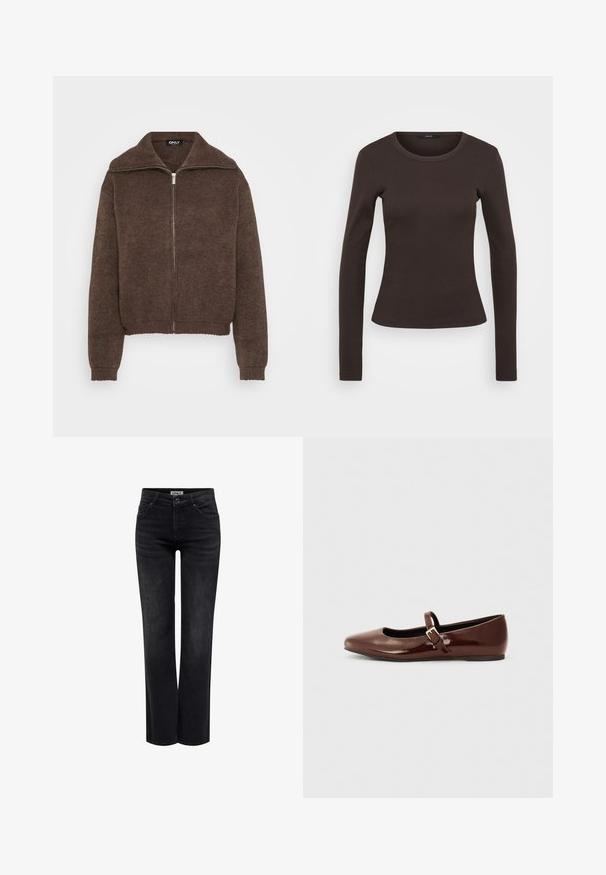 Brun strikket sweater med høj krave og lynlås foran. Har ribbede mansjetter og kant, der giver et struktureret udseende.; Langærmet brun t-shirt lavet af ribbet stof, med en rund halsudskæring og en tætsiddende silhuet.; ONLY BLUSH MID STRAIGHT NOOS - Jeans Straight Leg - washed black; Brun patentlæder balletflade med firkantet tå og strop med en lille guldbuckle. Glat tekstur, lav hæl og minimalistisk design.