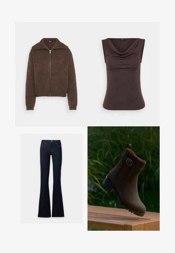 Pull en maille marron avec col montant et fermeture éclair à l'avant. Présente des poignets et un ourlet côtelés, offrant une apparence texturée.; Haut sans manches marron avec un col drapé, fabriqué à partir d'un tissu doux. Texture lisse avec une silhouette ajustée et aucun matériel visible.; Jean en denim bleu foncé à taille haute, ajusté sur les hanches et les cuisses, évasé en bas.; Botte marron à la cheville avec détail de boucle et semelle robuste flottant au-dessus d'une surface en bois avec des plantes vertes en arrière-plan.