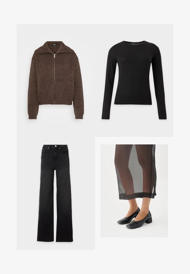 Pull en maille marron avec col montant et fermeture éclair à l'avant. Présente des poignets et un ourlet côtelés, offrant une apparence texturée.; Chemise noire ajustée à manches longues avec col rond, présentée sur un fond clair uni.; Jean noir taille haute à jambes larges avec bouton devant, passants de ceinture et cinq poches sur fond blanc.; Chaussures noires à talons blocs avec une finition en cuir lisse, portées avec une jupe noire transparente à ourlet net et design minimaliste.