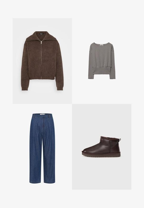 Brun strikket sweater med høj krave og lynlås foran. Har ribbede mansjetter og kant, der giver et struktureret udseende.; Langærmet cropped top med sorte og hvide vandrette striber og en bred rund halsudskæring.; Blå denimbukser med høj talje og vide ben, forrest med læg, bæltestropper og skjult lynlåslukning.; Brune læder ankelstøvle med en rund tå og syninger. Har en blød foring og en gummisål med grebmønstre.