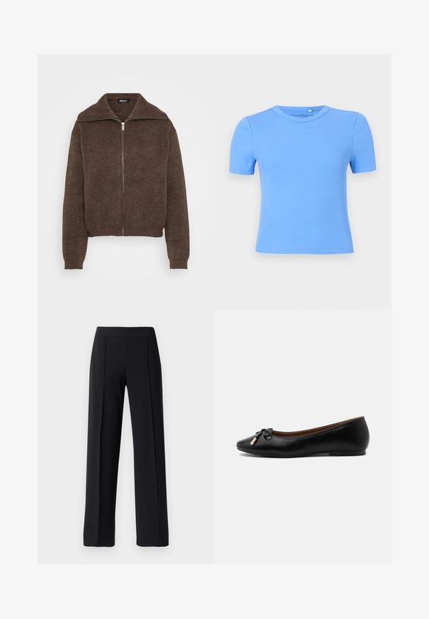 Pull en maille marron avec col montant et fermeture éclair à l'avant. Présente des poignets et un ourlet côtelés, offrant une apparence texturée.; T-shirt bleu clair côtelé à manches courtes avec un col rond, présentant une coupe ajustée et une texture lisse. Aucun motif ou accent visible.; Pantalons noirs ajustés avec une coupe évasée, fabriqués dans un tissu lisse et extensible ; dotés de plis sur le devant et d'une taille élastique.; Ballerine plate en cuir noir avec un bout arrondi, un petit nœud aux extrémités dorées et un talon plat et bas sur fond gris.