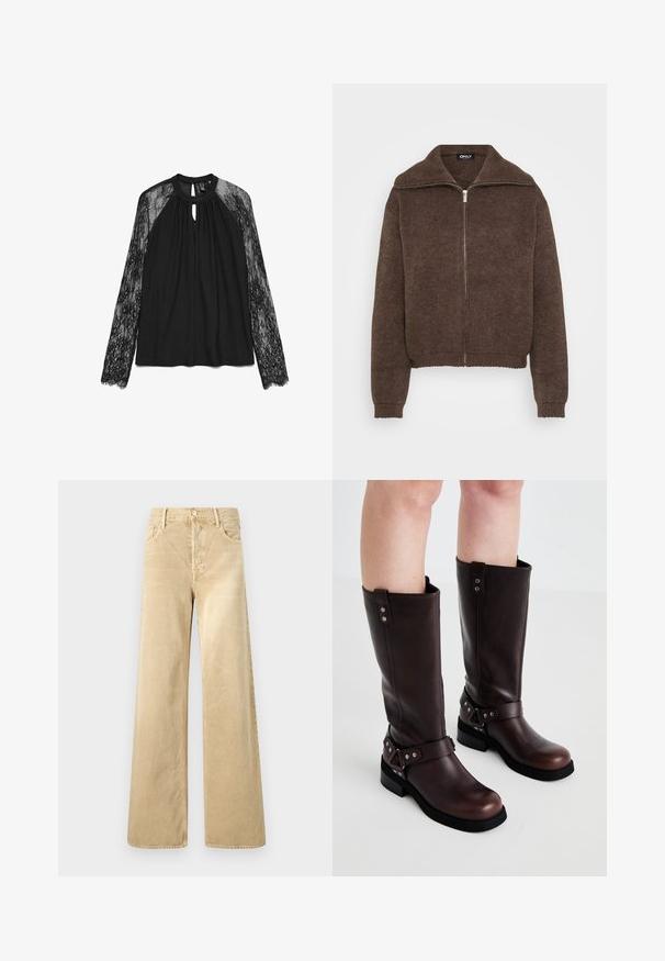 Brun strikket sweater med høj krave og lynlås foran. Har ribbede mansjetter og kant, der giver et struktureret udseende.; Sort bluse med lange ærmer, der har et blonderdesign på ærmerne, rund halsudskæring og nøglehulsåbning foran. Glat stof med blondekant.; Beige vidbenet bukser i kordfløjl med en glat tekstur, der har knaplukning og klassisk design med fem lommer.; Brune læder knæ-høje støvler med en glat tekstur, der har en bred rem og trekantede metal detaljer samt flade gummisåler.