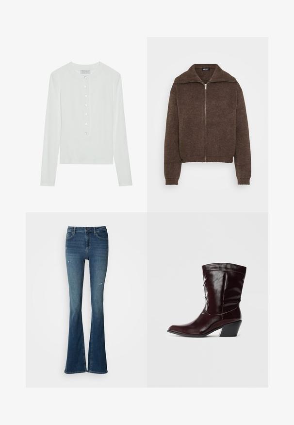 Brun strikket sweater med høj krave og lynlås foran. Har ribbede mansjetter og kant, der giver et struktureret udseende.; Hvid langærmet top lavet af ribbet stof, med en rund halsudskæring og en knaplukning foran med seks klare knapper.; Flared jeans i falmet blå denim med forskellomme, høj talje og slidte detaljer med synlige syninger.; Bordeaux læder ankelstøvler med spids tå, tekstureret overflade og en lav, taperet hæl. Har diskrete søm og en tætsiddende pasform.