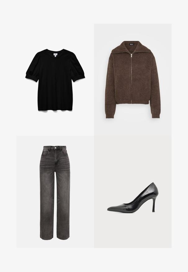 Pull en maille marron avec col montant et fermeture éclair à l'avant. Présente des poignets et un ourlet côtelés, offrant une apparence texturée.; Haut noir à manches courtes avec un col rond, fabriqué en tissu lisse. Caractéristiques des manches bouffantes et une coupe décontractée. Design simple et sans embellissements.; Jean denim noir large à taille haute, délavé, avec poches avant, fermeture à boutons et passants pour ceinture sur fond uni.; Chaussure à talon haut pour femme en cuir verni noir avec bout pointu et talon fin sur fond clair uni.