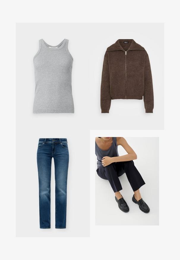 Brun strikket sweater med høj krave og lynlås foran. Har ribbede mansjetter og kant, der giver et struktureret udseende.; Grå ribbet tanktop med rund halsudskæring og brede skulderstropper. Stoffet har en blød tekstur og en tætsiddende silhuet.; Blå denimjeans med klassisk fem-lomme design, knap- og lynlåslukning og let falmning på forsiden af lårene og knæene.; Sorte læderloafers med teksturerede detaljer, lav hæl, rund tå og synlige syninger. Modellen bærer mørke bukser og en grå top.