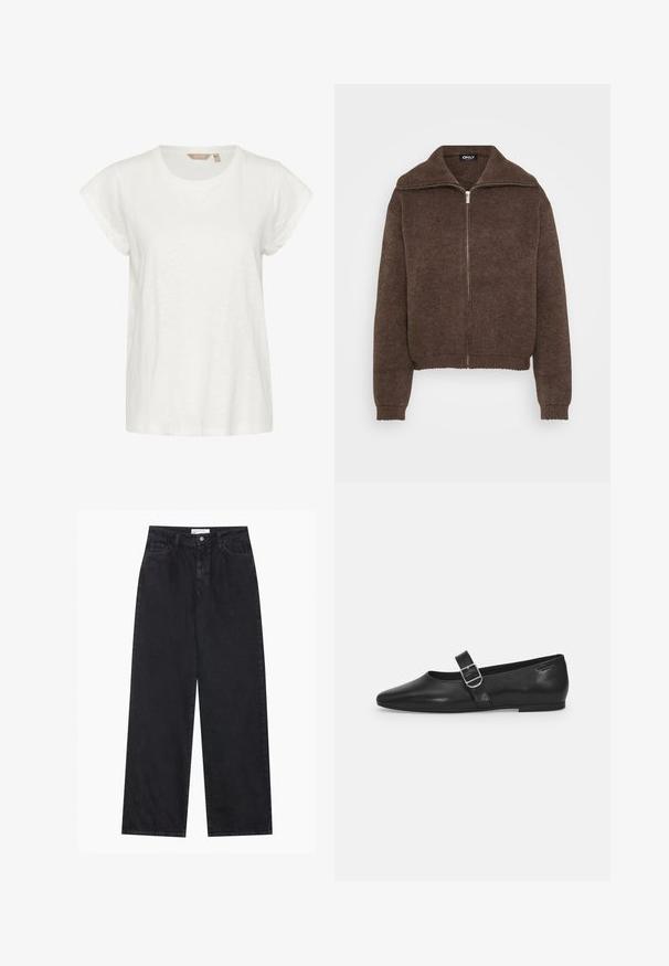 Suéter marrón de punto con un cuello alto y cierre frontal de cremallera. Cuenta con puños y dobladillo acanalados, que ofrecen una apariencia texturizada.; Camiseta blanca de manga corta con cuello redondo, fabricada en un material suave y ligero, con un ajuste holgado. Sin patrones ni acentos notables.; Jeans de mezclilla negros de talle alto y pierna ancha con cierre frontal de botón y cremallera, pasadores para el cinturón y estilo de cinco bolsillos.; Zapato plano de cuero negro con punta redondeada, una sola correa ajustable con hebilla y una textura suave y brillante. Diseño minimalista con un tacón bajo.