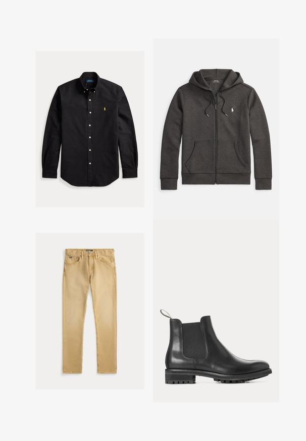 Dunkelgrauer Zip-Hoodie aus Baumwollmischung mit Kängurutasche, Kapuze mit Kordelzug und kleinem, auf der Brust gesticktem Logo.; Schwarzes, langärmliges Hemd mit Knopfleiste, knöpfbarem Kragen und kleinem gelbem Polo Ralph Lauren-Logo auf der linken Brust.; Beige Baumwolljeans mit schlanker Passform, fünf Taschen-Design und sichtbaren Nähten. Verfügt über einen Metallknopf und ein Etikett am Bund.; Schwarzer Leder-Chelsea-Stiefel mit elastischen Seitenteilen, Zuglasche hinten und profiliertem Gummisohlenabsatz, im Profil gezeigt.