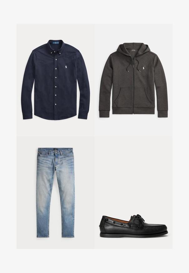 Sudadera con capucha y cremallera color gris oscuro, confeccionada con mezcla de algodón, con bolsillo tipo canguro, capucha ajustable con cordón y pequeño logo bordado en el pecho.; Camisa azul marino de manga larga con botones blancos y pequeño logo blanco bordado en el pecho izquierdo.; Jeans de mezclilla azul claro con un acabado desteñido, diseño de cinco bolsillos y costuras en contraste. Incluyen un cierre de cremallera y trabillas para cinturón. Corte recto.; Mocasín negro de cuero con detalle de cordones y suela baja de goma, visto de lado sobre un fondo claro y liso.
