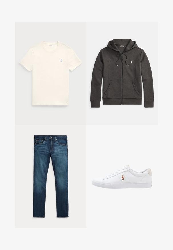 Sudadera con capucha y cremallera color gris oscuro, confeccionada con mezcla de algodón, con bolsillo tipo canguro, capucha ajustable con cordón y pequeño logo bordado en el pecho.; Camiseta de algodón color crema con cuello redondo y mangas cortas. Presenta un pequeño logo bordado en azul en el lado izquierdo del pecho.; Vaqueros azul oscuro de corte ajustado con botón y cremallera delanteros, cinco bolsillos y un sutil efecto desgastado en la parte frontal de los muslos y las rodillas.; Zapatilla de lona blanca con diseño de corte bajo, que cuenta con un taco trasero beige y un pequeño logo bordado en el costado. Suela de goma.