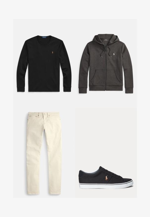 Dunkelgrauer Zip-Hoodie aus Baumwollmischung mit Kängurutasche, Kapuze mit Kordelzug und kleinem, auf der Brust gesticktem Logo.; Schwarzes langärmeliges T-Shirt aus weicher Baumwolle, mit Rundhalsausschnitt und kleinem, farblich akzentuiertem gesticktem Logo auf der Brust.; Hellbeige Hosen mit geradem Bein aus strukturiertem Stoff. Verfügen über fünf Taschen und braune, metallische Beschläge. Keine sichtbaren Muster oder Akzente.; Schwarzer Sneaker mit niedrigem Schaft, weißer Sohle und gesticktem Polospieler-Logo an der Seite, mit Schnürverschluss und strukturiertem Stoff-Obermaterial.