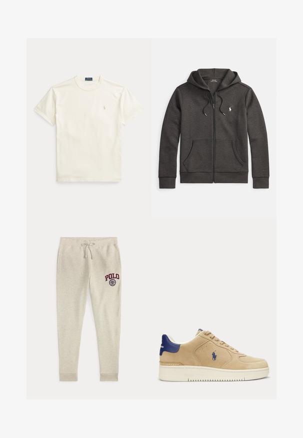 Dunkelgrauer Zip-Hoodie aus Baumwollmischung mit Kängurutasche, Kapuze mit Kordelzug und kleinem, auf der Brust gesticktem Logo.; Baumwoll-T-Shirt in Cremefarbe mit kurzen Ärmeln. Verfügt über ein dezentes, auf der linken Brust gesticktes Logo und einen Rundhalsausschnitt.; Beige Sweathose mit Kordelzug und Seitentaschen sowie rotem "POLO"-Logo und Emblem am oberen linken Oberschenkel.; Beigefarbener Wildleder-Sneaker mit dunkelblauem Fersenlasche und Logo, weißer Sohle, Schnürdesign und Polo-Spieler-Stickerei an der Seite.