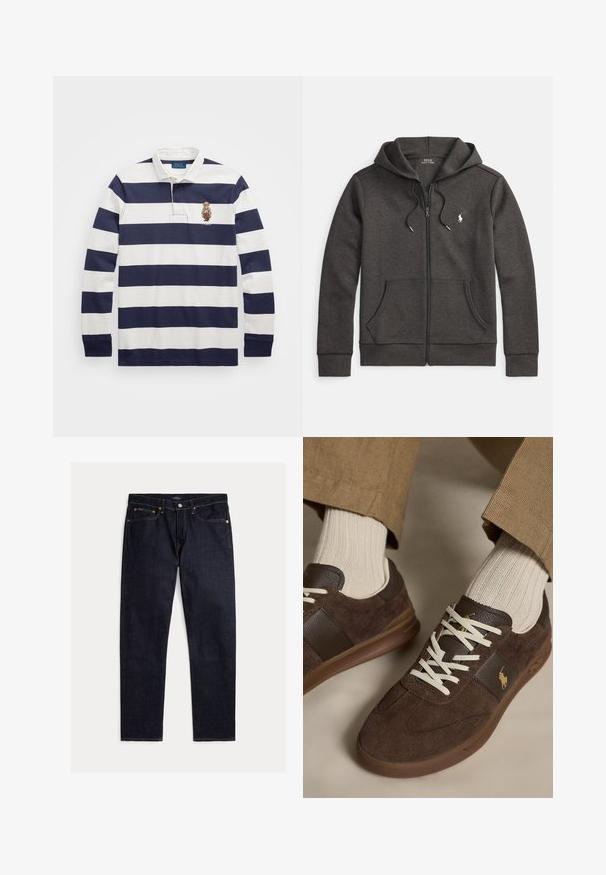 Tmavosivá mikina na zips z bavlneného materiálu, s klokankovým vreckom, kapucňou so sťahovacou šnúrkou a malým vyšívaným logom na hrudi.; Polo Ralph Lauren CLASSIC FIT POLO BEAR RUGBY SHIRT - Top s dlhým rukávom - blu; Tmavomodré rovné rifle s piatimi vreckami, zapínaním na gombík a zips, so z kontrastným oranžovým prešívaním na jednofarebnom pozadí.; Hnedé semišové tenisky s bielymi šnúrkami nosené s béžovými rebrovanými ponožkami a svetlohnedými nohavicami.