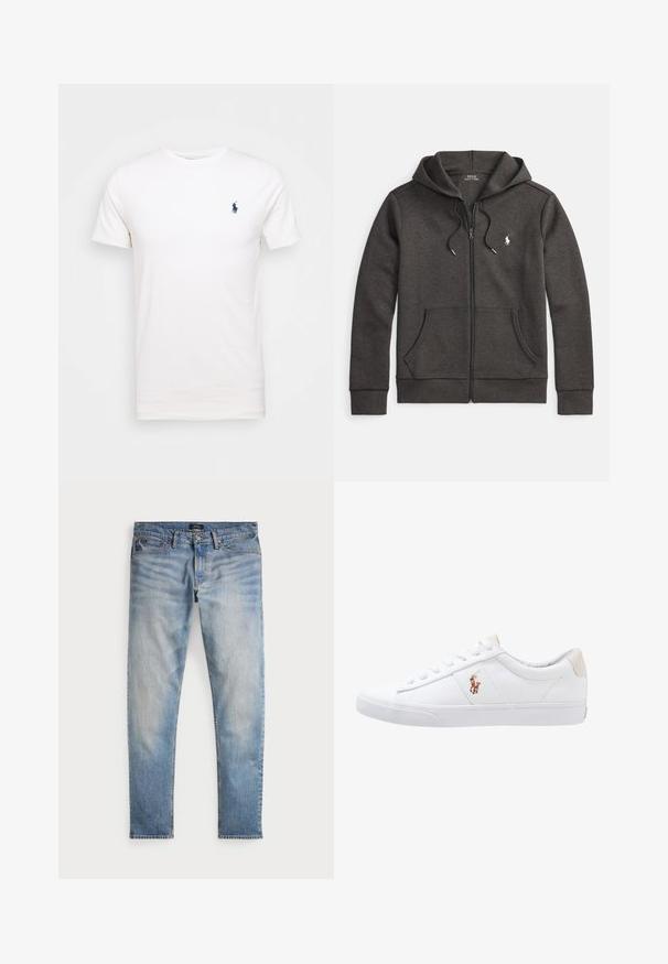 Sudadera con capucha y cremallera color gris oscuro, confeccionada con mezcla de algodón, con bolsillo tipo canguro, capucha ajustable con cordón y pequeño logo bordado en el pecho.; Camiseta de algodón blanca con cuello redondo. Presenta un pequeño logo azul oscuro en el lado izquierdo del pecho. Mangas cortas, textura suave.; Jeans de mezclilla azul claro con un acabado desteñido, diseño de cinco bolsillos y costuras en contraste. Incluyen un cierre de cremallera y trabillas para cinturón. Corte recto.; Zapatilla de lona blanca con diseño de corte bajo, que cuenta con un taco trasero beige y un pequeño logo bordado en el costado. Suela de goma.