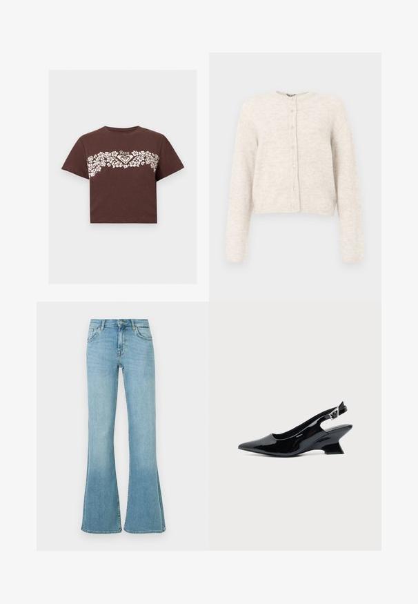 Cardigan court en beige clair, fabriqué en matériau tricoté doux. Caractéristiques : encolure ronde, manches longues et fermeture par boutons à l'avant avec six boutons.; T-shirt crop marron avec motif floral blanc sur la poitrine et logo "Roxy" au centre.; Jean en denim bleu clair à taille haute, fermeture avant par bouton et zip, poches avant et arrière, et jambes évasées.; Chaussure slingback en cuir verni noir avec bout pointu et petit talon bloc incliné sur fond clair uni.