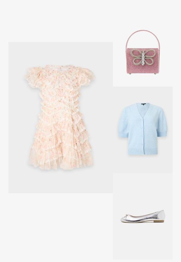 Lyseblå cardigan med korte ærmer og V-hals, fem dækkede knaplukninger, ribstrikkede manchetter og kant, lavet af blødt tekstureret stof.; Blomstermønstret kjole i pastelfarvet pink og crème, med lagdelte flæser og blonder detaljer. Korte puffærmer og en rund halsudskæring.; Sølv balletflade med metallisk finish, rund tå, sløjfeaccent foran og en lav hæl for ekstra komfort.; Lyserød, glitrende taske med et fremtrædende sommerfugle-design og rhinestone-detaljer, rektangulær form og flad håndtag.