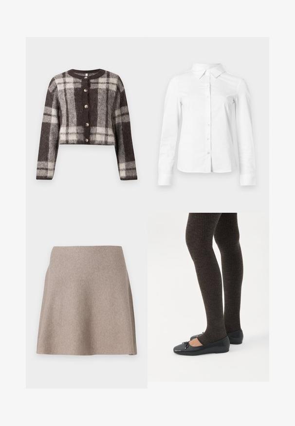 Brun og creme plaid cropped cardigan med rund hals, fem knapper og blød tekstur. Lange ærmer med en afslappet pasform.; Hvid skjorte med lange ærmer, knapper, spids krave, lige kant og tætsiddende silhuet, vist på en ensartet lys baggrund.; En beige, flagrende nederdel lavet af blødt stof med en glat tekstur og en ren kant. Enkel design uden synlige mønstre eller udsmykninger.; Ben iført mørke ribbede leggings kombineret med sorte balletsko med små sløjfedetaljer på hvid baggrund.