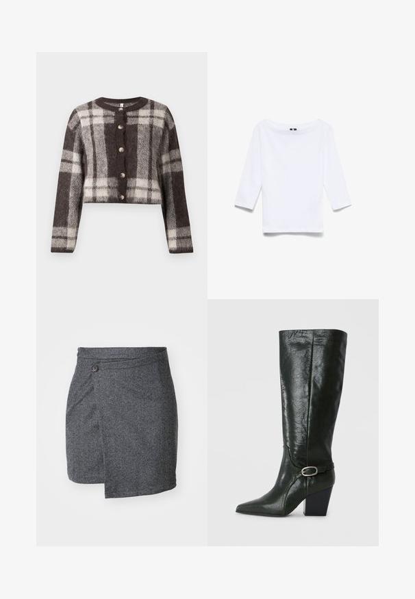 Cárdigan corto a cuadros marrón y crema con cuello redondo, cinco botones y textura suave. Mangas largas con un ajuste relajado.; Camisa blanca de manga tres cuartos hecha de una mezcla de algodón; presenta un amplio escote barco y una textura suave y ligera.; Falda envolvente en espiga gris hecha de tejido de lana texturizado, con un cierre de un solo botón en la cintura y un dobladillo asimétrico.; Bota de cuero verde hasta la rodilla con punta afilada, tacón cuadrado y correa decorativa con detalle de hebilla plateada. Textura suave con brillo.