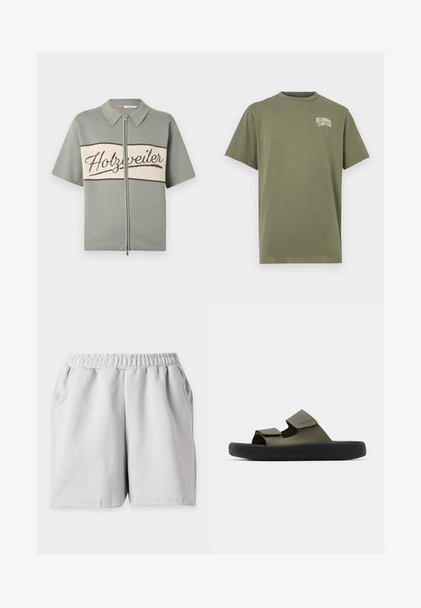Camisa de punto de manga corta en gris claro con cremallera, cuello y panel crema en el pecho con la palabra "Holzweiler" en letras marrones cursivas.; Camiseta de algodón verde oliva con cuello redondo, manga corta y un pequeño logo blanco en el pecho que dice "Billionaire Boys Club".; Pantalones cortos casuales de color gris claro con cintura elástica y bolsillos laterales mostrados planos sobre un fondo liso.; Chanclas de goma verdes con dos correas ajustables y una suela negra texturizada con un patrón de banda. Logo de la marca visible en la correa.
