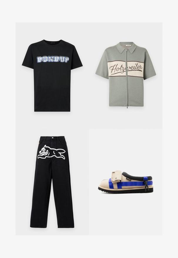 Chemise en tricot gris clair à manches courtes avec fermeture éclair, col et panneau crème sur la poitrine portant l'inscription "Holzweiler" en écriture cursive marron.; T-shirt en coton noir arborant le texte "DONDUP" en bleu métallique et argenté audacieux avec un léger effet usé. Manches courtes.; Jean noir à jambes larges avec taille haute et un graphisme blanc d'un chien de dessin animé joueur sautant sur la partie supérieure de la cuisse avant.; Chaussure beige à enfiler avec des brides bleues, un col rembourré noir, un rabat avant avec le logo UGG, et une semelle en caoutchouc noir sur fond blanc.