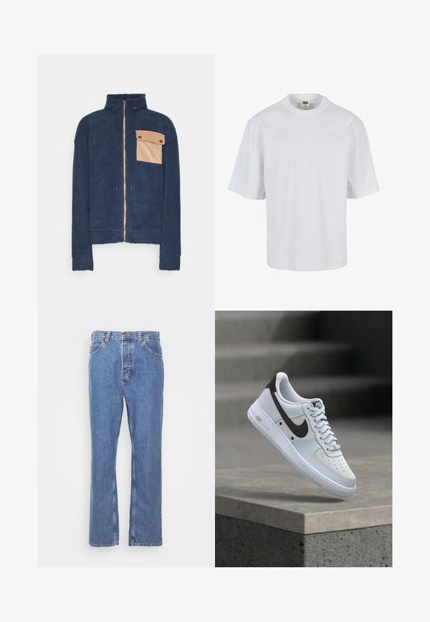 Marine fleece jack met ritssluiting, hoge kraag en een beige borstzak. Voorzien van trekkoorden en geribbelde manchetten. Gelaagd, warm materiaal.; Witte, korte mouw t-shirt van katoen. Beschikt over een ronde hals en een losse pasvorm met een gladde textuur en geen zichtbare patronen of graphics.; Blauwe denim jeans met een rechte pasvorm, vijf zakken, riemlussen en een knoopsluiting. De stof heeft een zachte, gestructureerde afwerking.; Witte Nike Air Force 1 sneaker met zwart swoosh-logo, zwevend boven een betonnen richel met vervaagde trappen op de achtergrond.