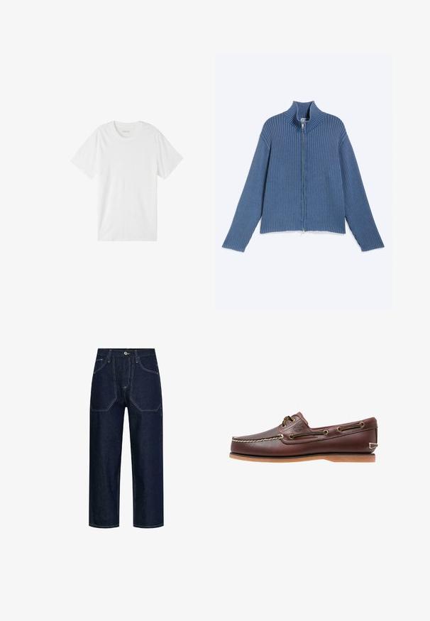 Suéter azul de punto acanalado con cremallera, mangas largas y cuello alto, colocado plano sobre un fondo claro.; Camiseta blanca de manga corta hecha de algodón suave. Presenta un cuello redondo clásico y un diseño simple y sin costuras, sin patrones ni acentos.; Vaqueros de pierna ancha en denim azul oscuro con costuras blancas contrastantes. Cuentan con dos bolsillos delanteros y traseros, y un cierre de botón en la cintura.; Zapato náutico de cuero marrón con costuras blancas, detalles de cordones y suela de goma color coñac, mostrado de lado sobre un fondo blanco.