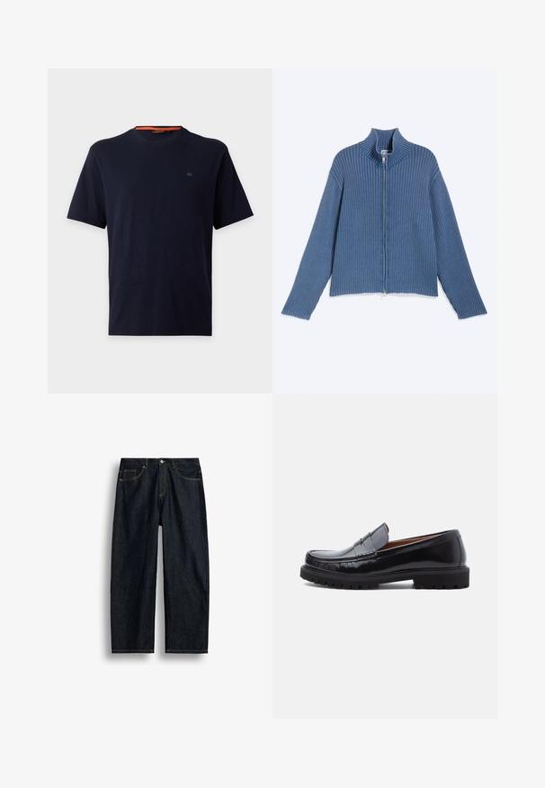 Suéter azul de punto acanalado con cremallera, mangas largas y cuello alto, colocado plano sobre un fondo claro.; Camiseta lisa azul marino oscuro de manga corta con cuello redondo, con un pequeño logo bordado en el pecho izquierdo y detalle naranja en el interior del cuello.; Vaqueros de mezclilla azul oscuro de pierna recta con costuras amarillas, bolsillos delanteros y cierre de botón en la cintura.; Mocasines de penny de cuero negro con suela de goma gruesa y costura tipo moc, presentados de perfil sobre un fondo blanco.