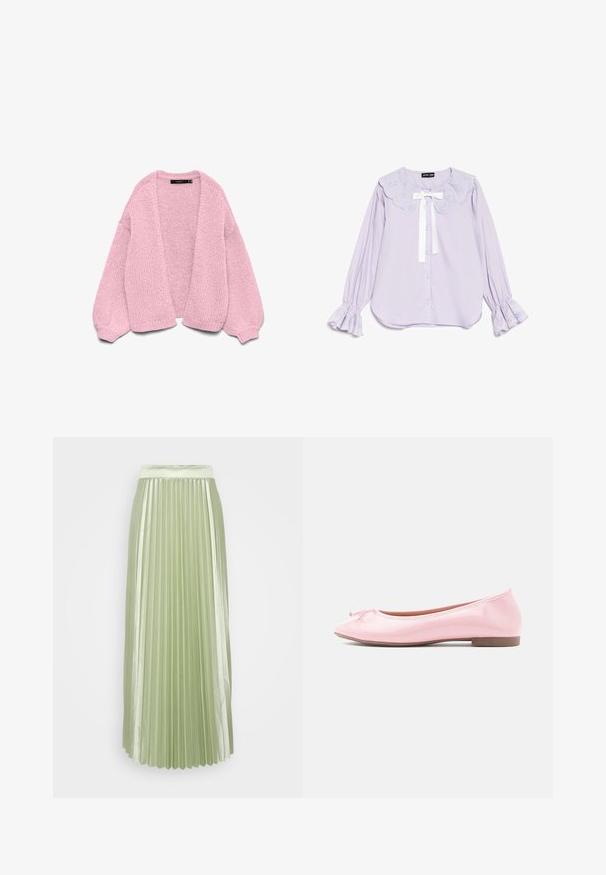 Pink chunky strikket åben cardigan med lange puffede ærmer og ribbet manchetter, lagt fladt på en hvid baggrund.; Langærmet lavendelbluse med bølget blondekkrave, hvidt båndsløjfe, knaplukning foran og flæset blondekant ved ærmerne.; Faldel med plisseringer i lysegrøn satinvævet med en bred talje, der skaber en glat, flydende silhuet.; Lyserød laklæder balletflad sko med rundet tå og lille sløjfedetalje foran. Flad sål og glat tekstur.