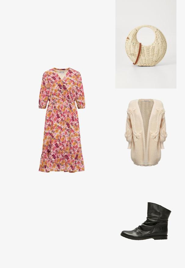 INFLUENCER FLOWER APPLICATION - Gilet - cream; Robe mi-longue avec manches trois-quarts, col en V, taille élastique et motif floral dans des tons rose, orange et marron.; Bottine en cuir noir avec un design plié, bout rond et semelle plate. Présente un logo papillon subtil sur le côté. Texture lisse.; Sac à main tressé rond en paille naturelle avec une finition texturée. Dispose d'une bandoulière en cuir marron lisse et d'une poignée circulaire.